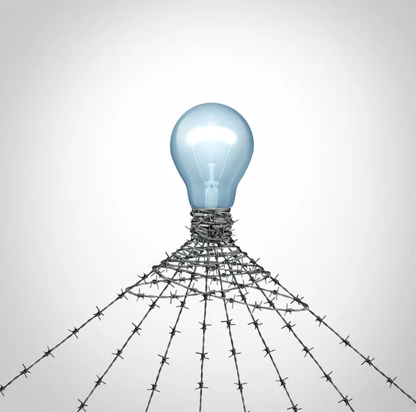 知识产权保护 知识产权安全和创造性法律隐喻作为一个灯泡 包裹在带有3D插图元素的有刺保护铁丝网中 — 图库照片