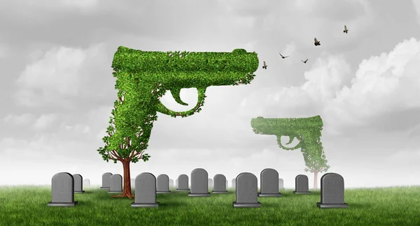 Mass shooting tragedy and Growing gun crime concept with a tree shaped as a gun in a cemetery with tombstones of victims representing public safety and security issues with 3D illustration elements.