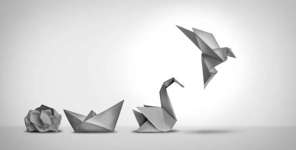 通过创新和能力的进化来实现作为领导的成功变革和作为一个比喻的商业变革 就像一张皱巴巴的纸变成了一艘船 然后变成了天鹅和飞鸟 — 图库照片