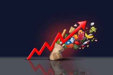 Rising food cost and grocery prices surging costs of supermarket groceries as an inflation financial crisis concept coming out of a paper bag shaped hit by a a finance graph arrow with 3D render elements. clipart