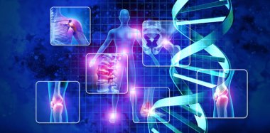 Medical science concept and Stem cell therapy or DNA genetic treatment for painful joints and gene therapy with 3D illustration elements. clipart