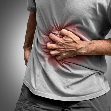 Stomachache Pain or painful stomach ache as an abdominal illness as Crohn's disease or IBS and Ulcers representing intestinal inflammation or bloating. clipart