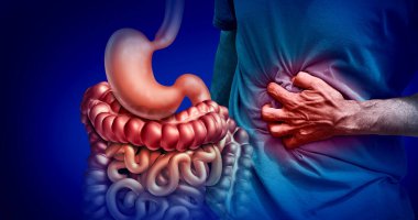 Stomach Pains or stomachache with a painful digestive system ache as an abdominal illness or IBS and Ulcers representing intestinal inflammation or bloating with 3D illustration elements. clipart
