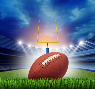 Football stadium ball and sports field as an American sport arena or field goal and touchdown concept as a team sport competition with 3D illustration elements. clipart