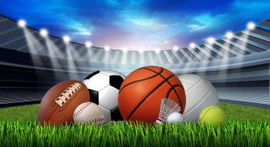 sports stadium equipment and leisure sports on grass in a sport stadium with a football basketball baseball golf soccer tennis ball volleyball and badminton birdie as a symbol of healthy physical activity with 3D illustration elements. clipart