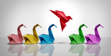 Innovative thinker concept and new idea thinking as a symbol of revolutionary innovation and inspiration metaphor as a group of paper swans and a game changer origami bird in flight.  clipart