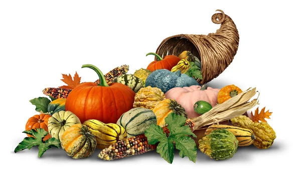 感謝祭秋と秋の季節の農業作物の収穫と素朴な伝統的なウィッカーや織りバスケットとして白い背景に新鮮な果物や野菜でいっぱいのコーヌコピアホーンオブジェクト — ストック写真