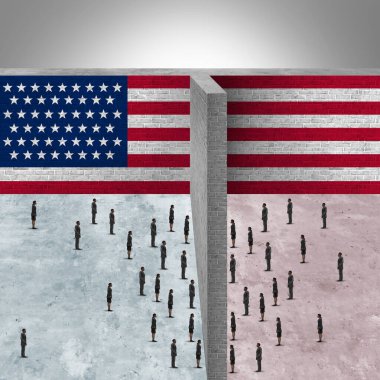 America divided and opposing American political groups with United States culture war between conservative society and liberal ideas as an election debate or US voter divisions with 3D illustration elements. clipart