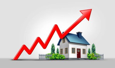 Rising interest rates and mortgage home prices surging as housing borrowing costs rise due to inflation and financial crisis concept as a house hit by a a finance graph arrow with 3D render elements. clipart