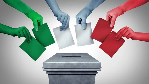 Italian People voting and Italy community vote concept with hands casting ballots at a polling station during an election as a democratic right in a European democracy with 3D illustration elements.