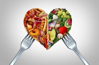Unhealthy And Healthy Food Choice and diet decision concept or nutrition choices dilemma between good fresh fruit and vegetables with a dinner fork or junk food with high fat and sodium as divided love shaped as a heart with 3D illustration elements. clipart