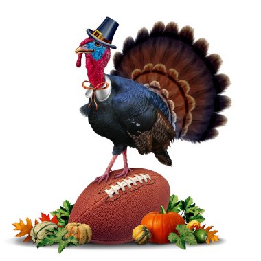 Thanksgiving Football and autumn sports ball as an American sport during the Fall season or field goal and touchdown on a field with Halloween pumpkin and harvest squash concept as a team sport competition with 3D illustration elements. clipart