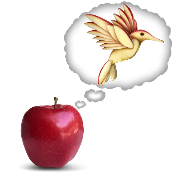 潜在的な考え方の概念と夢の中で大きなアイデアや動機付けのアイデアやビジネス開発赤いリンゴは3Dイラストスタイルで素晴らしい飛行鳥になることを夢見て — ストック写真