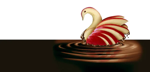 巧克力软食 如融化的浓郁的深褐色糖果液体酱汁 流淌着 飞溅在苹果雕花的果实上 形似漂浮的天鹅 带有三维插图元素 — 图库照片