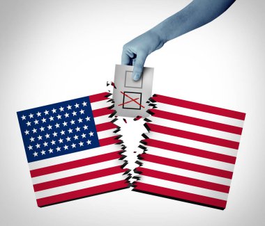 US Divided Vote and voting divisions in the United States or partisan politics as Republicans and Democrats split between left and right political views and widen the cultural gap with 3D illustration elements. clipart