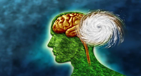 Mental health crisis and psychiatric stress or brain disorder concept as a human mind with a tornado swirl on an island shaped as a head in a 3D illustration style.