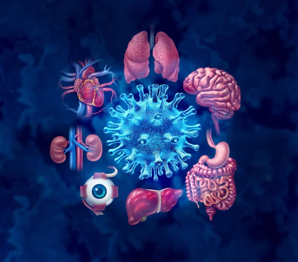 Virus Organ failure and human body Infection or long Covid syndrome or coronavirus pandemic symptoms that persist as a hauler of viral infections on the lungs heart kidneys eyes intestines liver and the brain with 3D illustration elements.