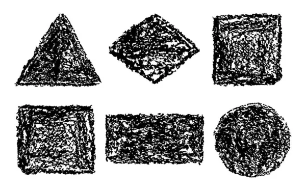手描きラウンド 正方形 三角形の要素の形状セット 子供のスタイルのコピースペースのように パステル チョークまたはクレヨンフレーム ベクトル背景 落書きスクリブル芸術ストロークテクスチャ黒上の白 — ストックベクタ