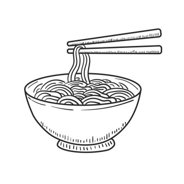 Bowl of noodle with chopsticks drawing in sketch style isolated on white background