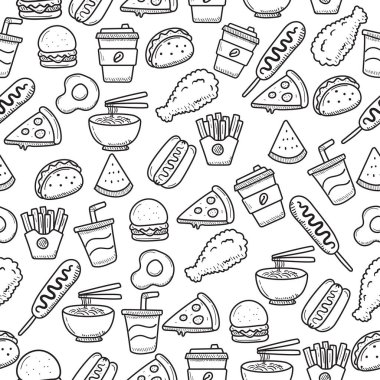 Fast food seamless doodle pattern with black and white color