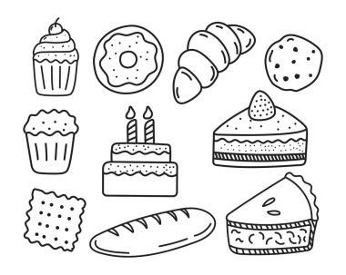 Set of cakes doodle illustration with cute design isolated on white background