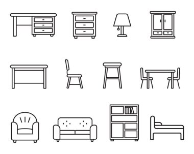 Set of furniture icon in linear style isolated on white background.