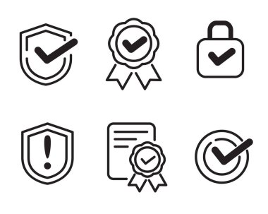Set of approved and certified icons with a simple black design isolated on white background