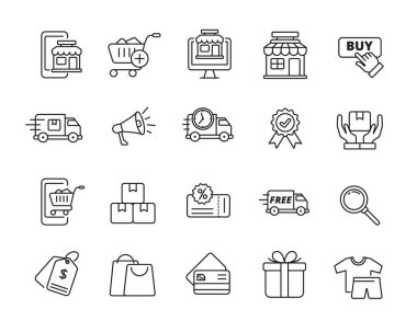 Online shopping icon collection with linear style on isolated background