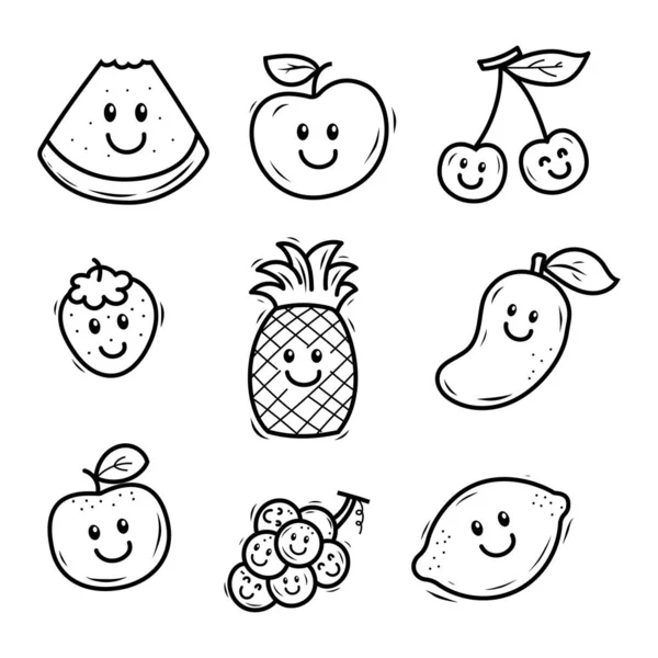 Conjunto Frutas Doodle Ilustración Con Expresión Facial Aislada Sobre Fondo — Vector de stock