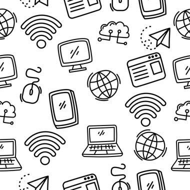 Siyah beyaz dizaynlı, internetle ilgili, kusursuz desenli karalama. İnternet karalama çizimi seti