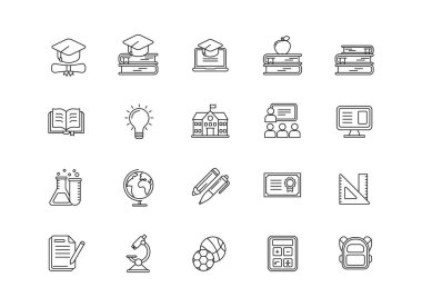 Beyaz arkaplanda doğrusal tarzda izole edilmiş eğitim simgeleri kümesi