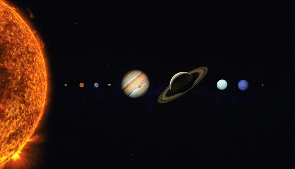Sonnensystemskala Sonne Merkur Venus Mond Erde Mars Jupiter Saturn Uranus — Stockfoto