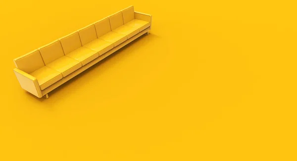 黄色の背景に隔離された非常に長い黄色のソファ 3Dレンダリング — ストック写真