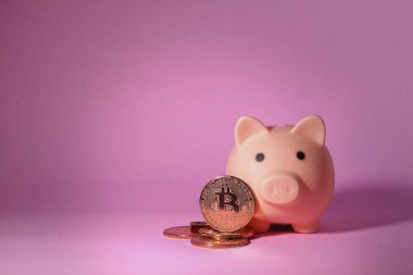 Metal bitcoin ve domuz kumbarası. İş ve Finans kavramı..
