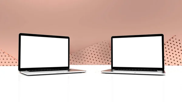 现代笔记本电脑在玫瑰色的金色背景上被隔离 3D说明 — 图库照片