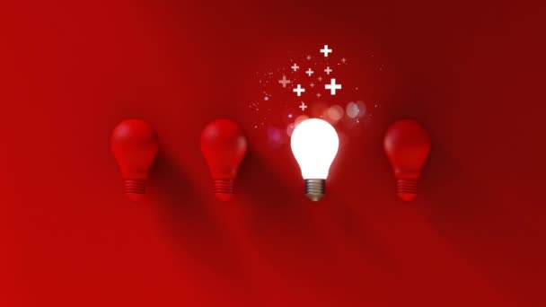 红色背景上的灯泡 积极的想法思维概念 3D说明 — 图库视频影像