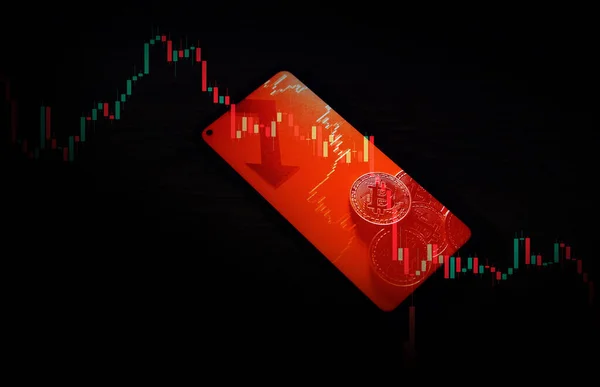 Kryptowährung Bitcoin Smartphone Roter Markt — Stockfoto