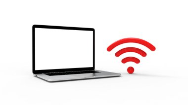 Modern dizüstü bilgisayar beyaz arkaplanda kablosuz internet simgesi ile izole edildi. 3B Görüntü.