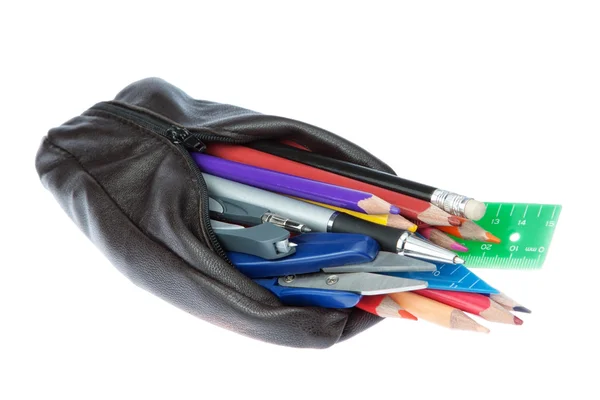 Pencil case with school supplies on a white background. — Stock Photo, Image
