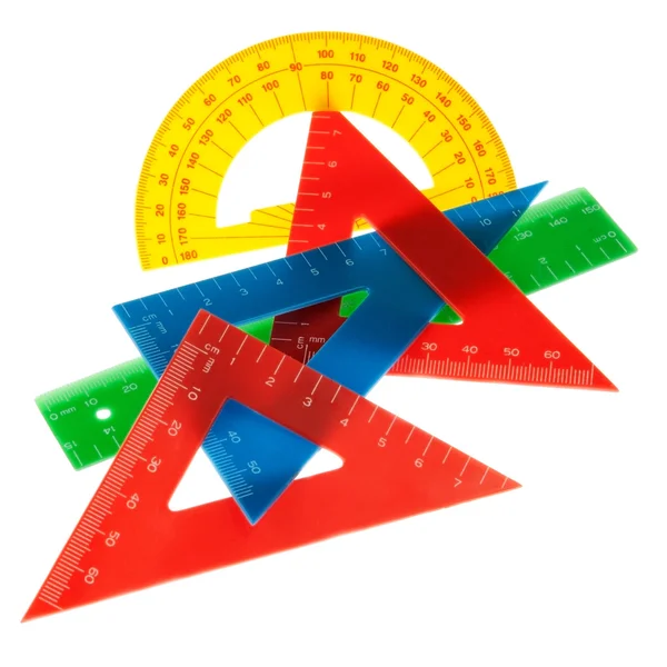 Cetvel, üçgen, iletki okul için. üzerinde beyaz backg — Stok fotoğraf