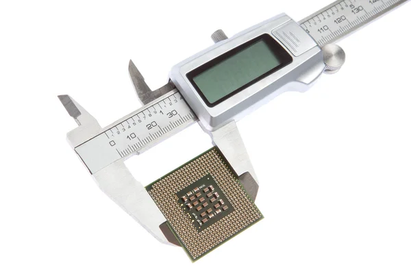 Vernier caliper measures the CPU. On a white background. — Stock Photo, Image