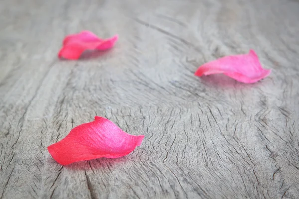 Pétalas de rosas vermelhas em uma textura de madeira. — Fotografia de Stock