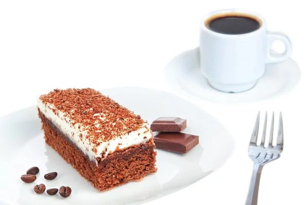 Piece of chocolate cake and coffee. On a white background. — Stock Photo, Image