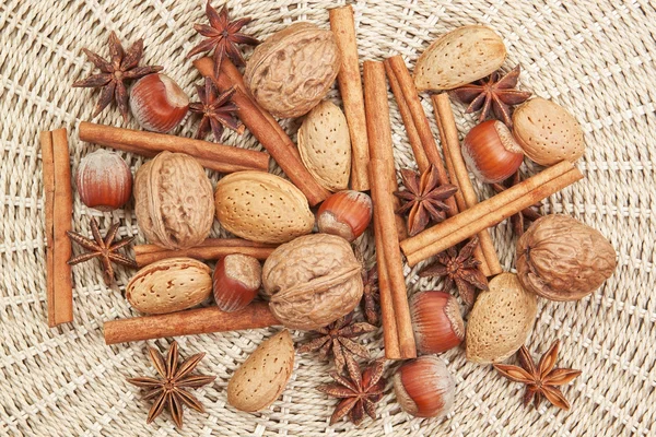 Spices for Christmas of cinnamon, star anise, walnuts, hazelnuts — Stock Photo, Image