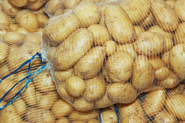 White potatoes in mesh bags on the market.