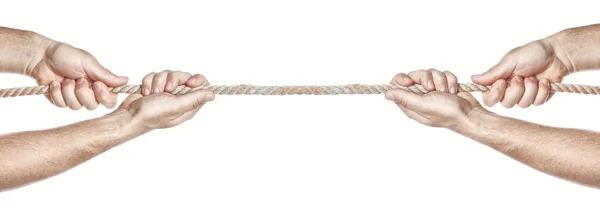 Two are pulling a rope competing hands. On a white backgr — Stock Photo, Image