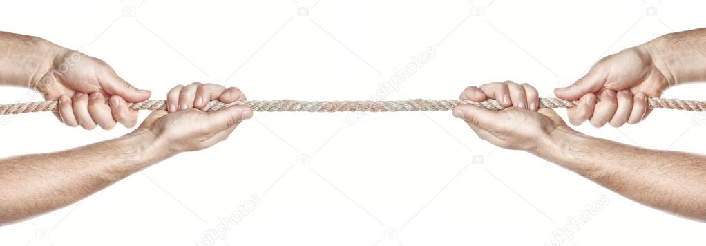 Two are pulling a rope competing hands. On a white backgr