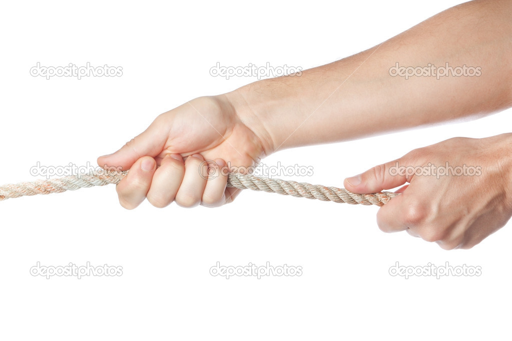 Male hands pulling the rope. On a white background.