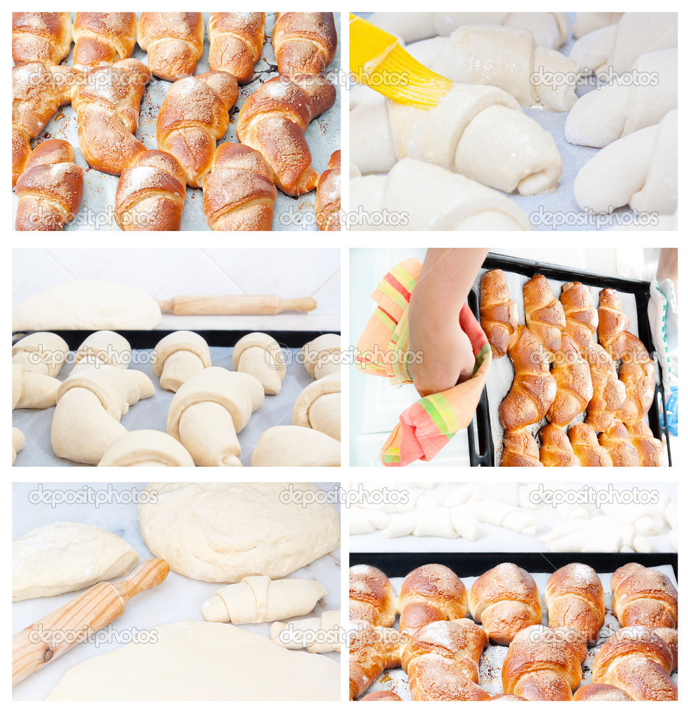 Collection set of images of croissants baking pies.