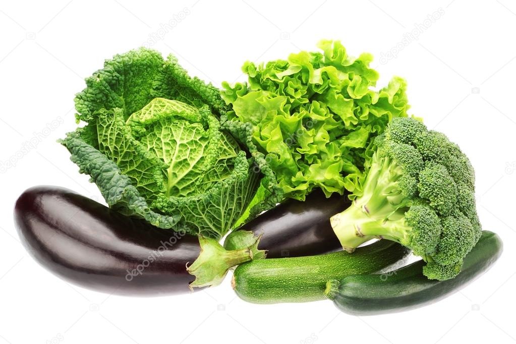 Set of green vegetables from the cabbage, broccoli, zucchini and